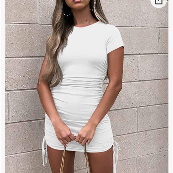 White Ruched Short Sleeve Mini Dress - Picture 2 of 4